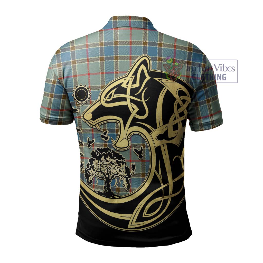 Tartan Vibes Clothing Balfour Blue Tartan Polo Shirt with Family Crest Celtic Wolf Style