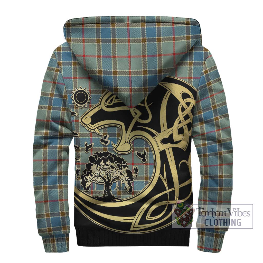 Tartan Vibes Clothing Balfour Blue Tartan Sherpa Hoodie with Family Crest Celtic Wolf Style