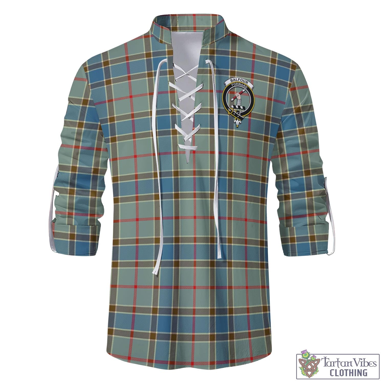 Tartan Vibes Clothing Balfour Blue Tartan Men's Scottish Traditional Jacobite Ghillie Kilt Shirt with Family Crest