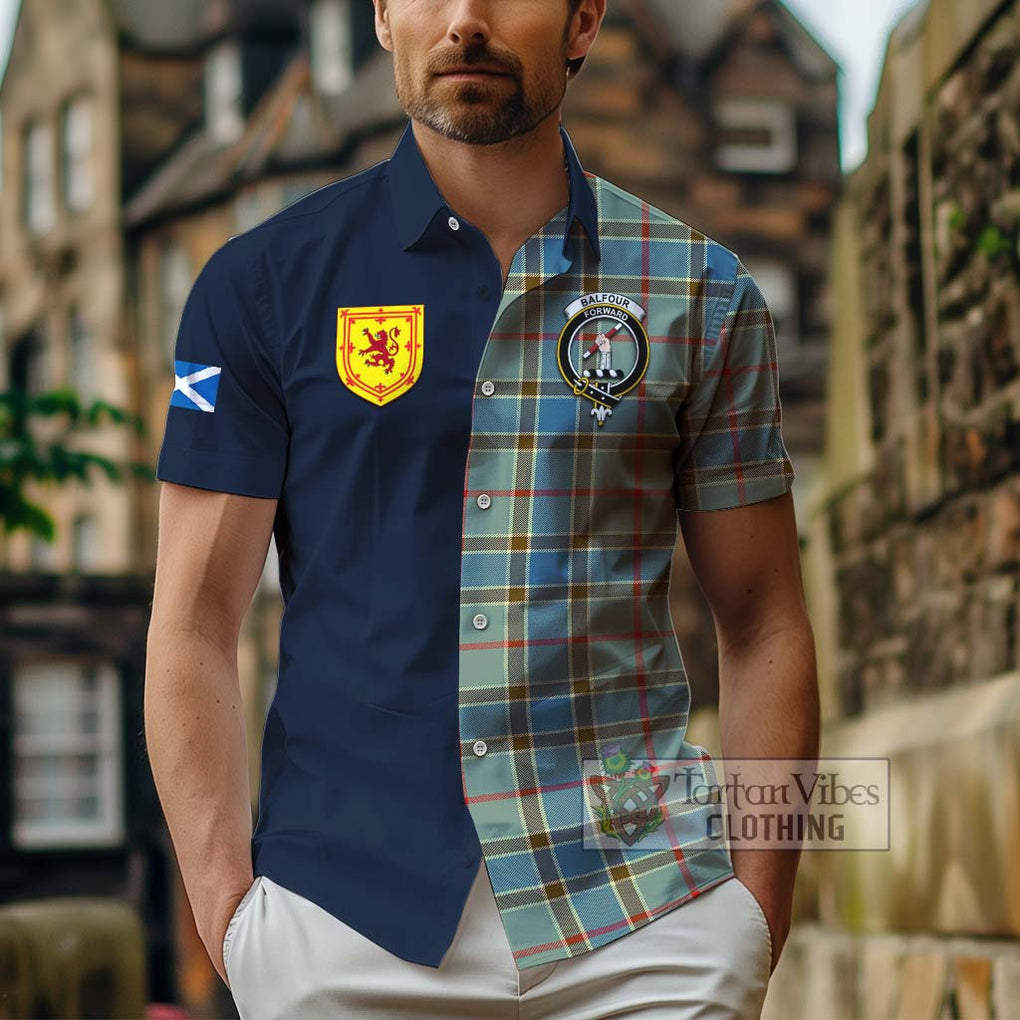 Tartan Vibes Clothing Balfour Blue Tartan Short Sleeve Button Shirt with Scottish Lion Royal Arm Half Style