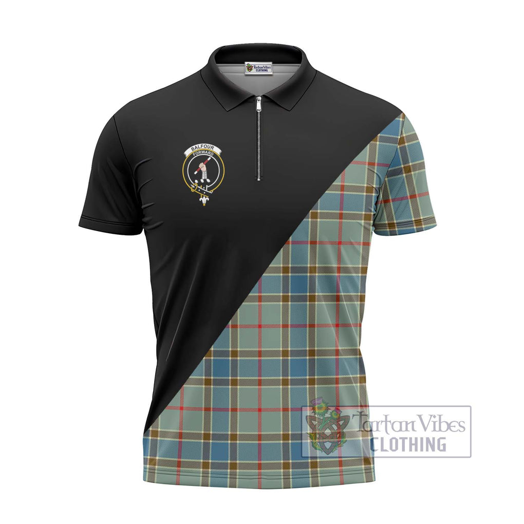 Balfour Blue Tartan Zipper Polo Shirt with Family Crest and Military Logo Style - Tartanvibesclothing Shop