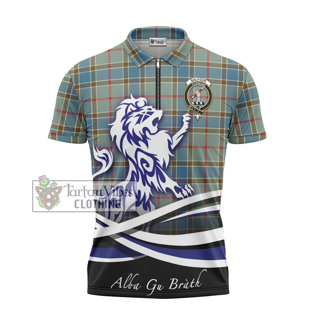 Balfour Blue Tartan Zipper Polo Shirt with Alba Gu Brath Regal Lion Emblem - Tartanvibesclothing Shop