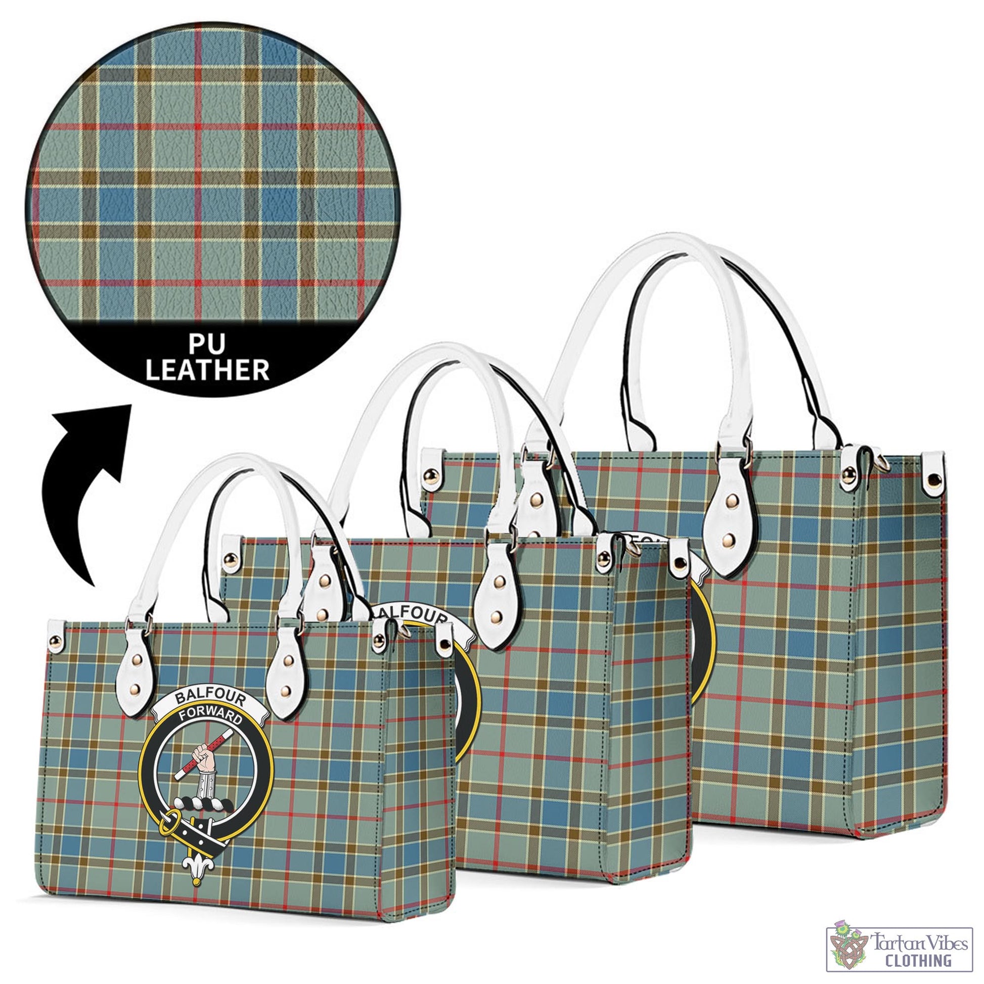 Tartan Vibes Clothing Balfour Blue Tartan Luxury Leather Handbags with Family Crest