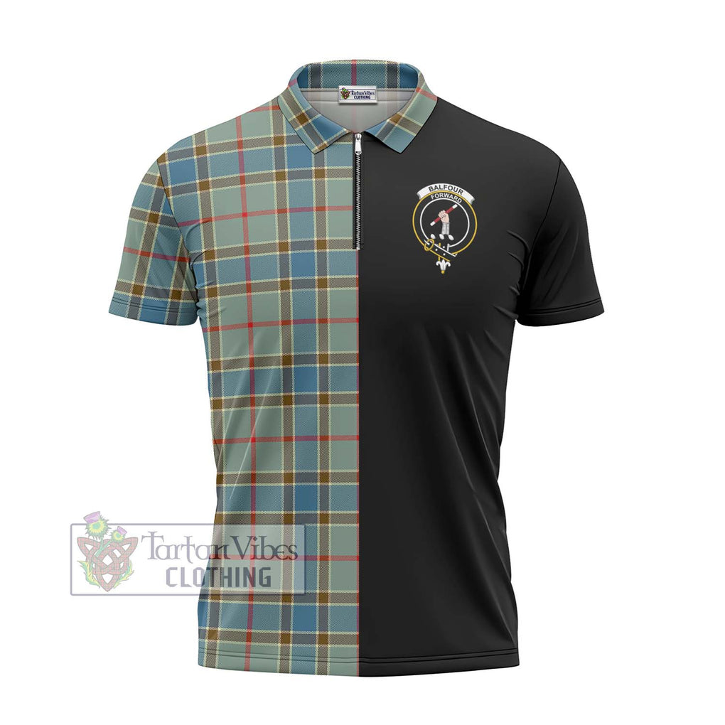 Balfour Blue Tartan Zipper Polo Shirt with Family Crest and Half Of Me Style - Tartanvibesclothing Shop