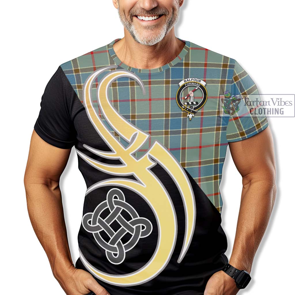 Tartan Vibes Clothing Balfour Blue Tartan T-Shirt with Family Crest and Celtic Symbol Style