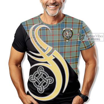 Balfour Blue Tartan T-Shirt with Family Crest and Celtic Symbol Style