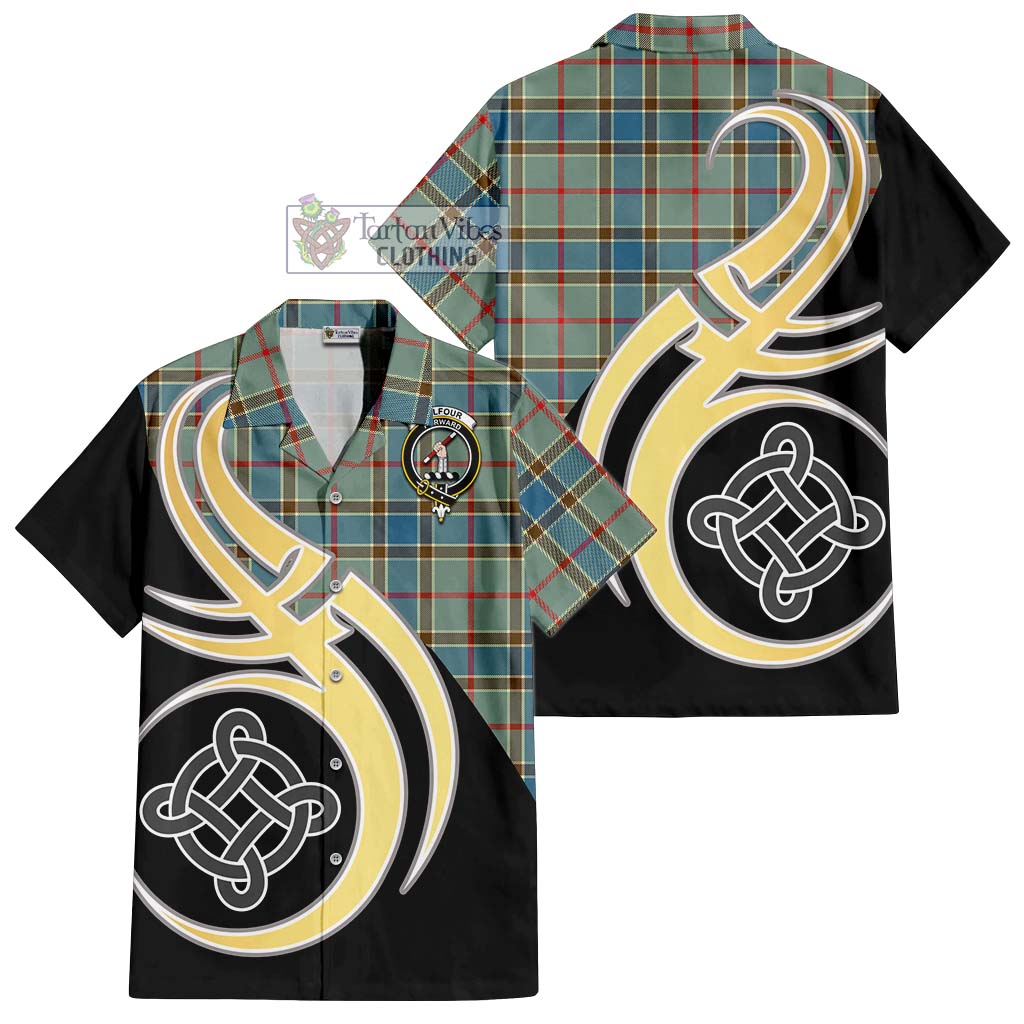 Balfour Blue Tartan Short Sleeve Button Shirt with Family Crest and Celtic Symbol Style - Tartan Vibes Clothing