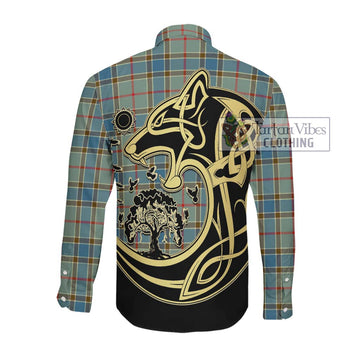 Balfour Blue Tartan Long Sleeve Button Shirt with Family Crest Celtic Wolf Style