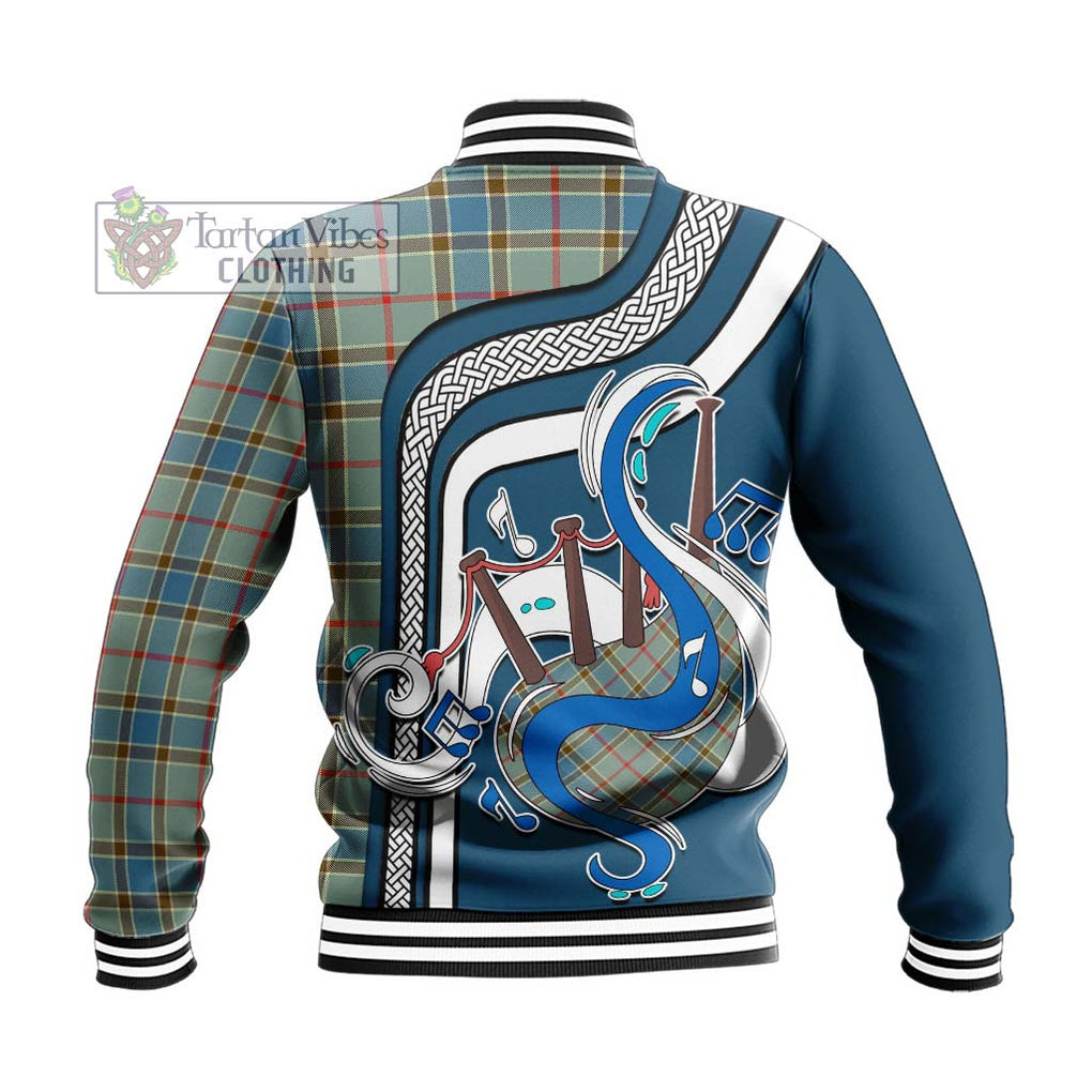 Tartan Vibes Clothing Balfour Blue Tartan Baseball Jacket with Epic Bagpipe Style