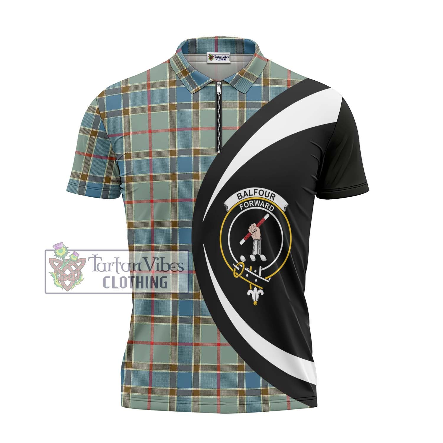 Tartan Vibes Clothing Balfour Blue Tartan Zipper Polo Shirt with Family Crest Circle Style