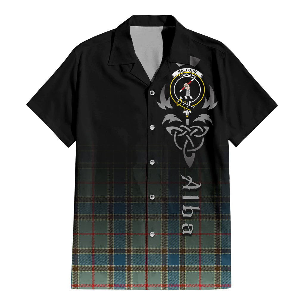 Tartan Vibes Clothing Balfour Blue Tartan Short Sleeve Button Up Featuring Alba Gu Brath Family Crest Celtic Inspired