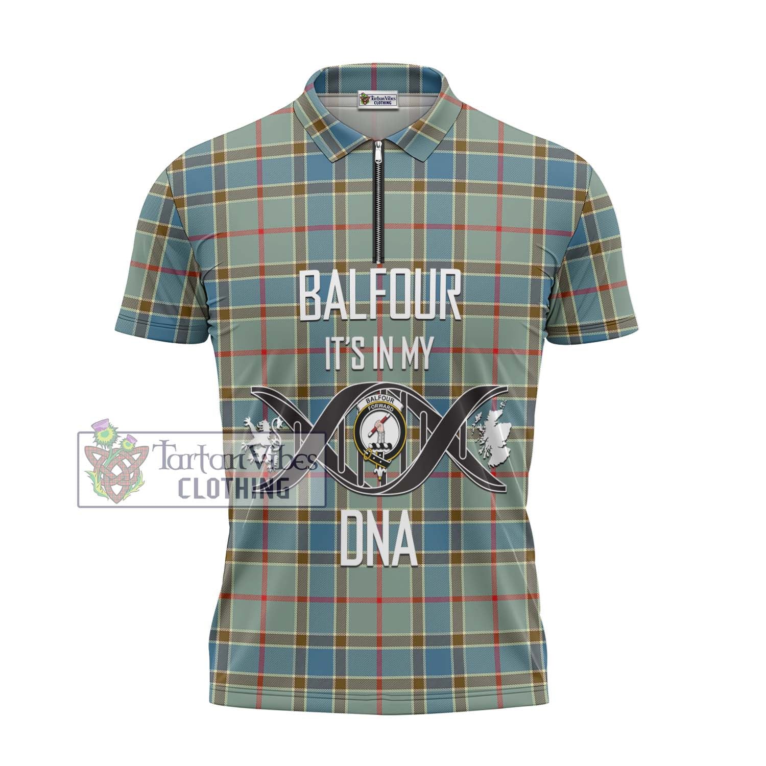 Tartan Vibes Clothing Balfour Blue Tartan Zipper Polo Shirt with Family Crest DNA In Me Style