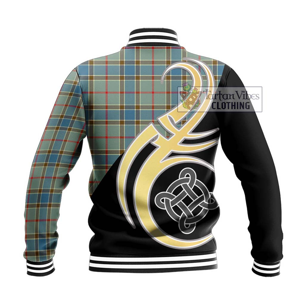 Balfour Blue Tartan Baseball Jacket with Family Crest and Celtic Symbol Style - Tartan Vibes Clothing