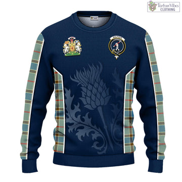 Balfour Blue Tartan Knitted Sweatshirt with Family Crest and Scottish Thistle Vibes Sport Style