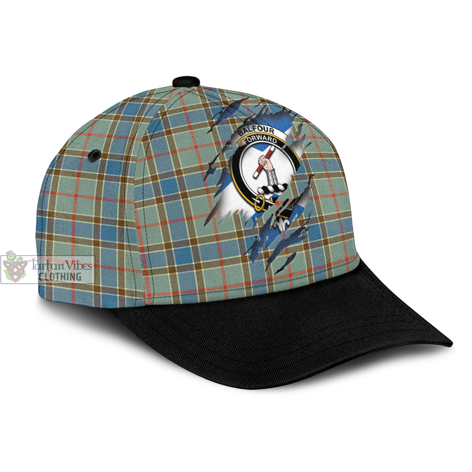 Tartan Vibes Clothing Balfour Blue Tartan Classic Cap with Family Crest In Me Style