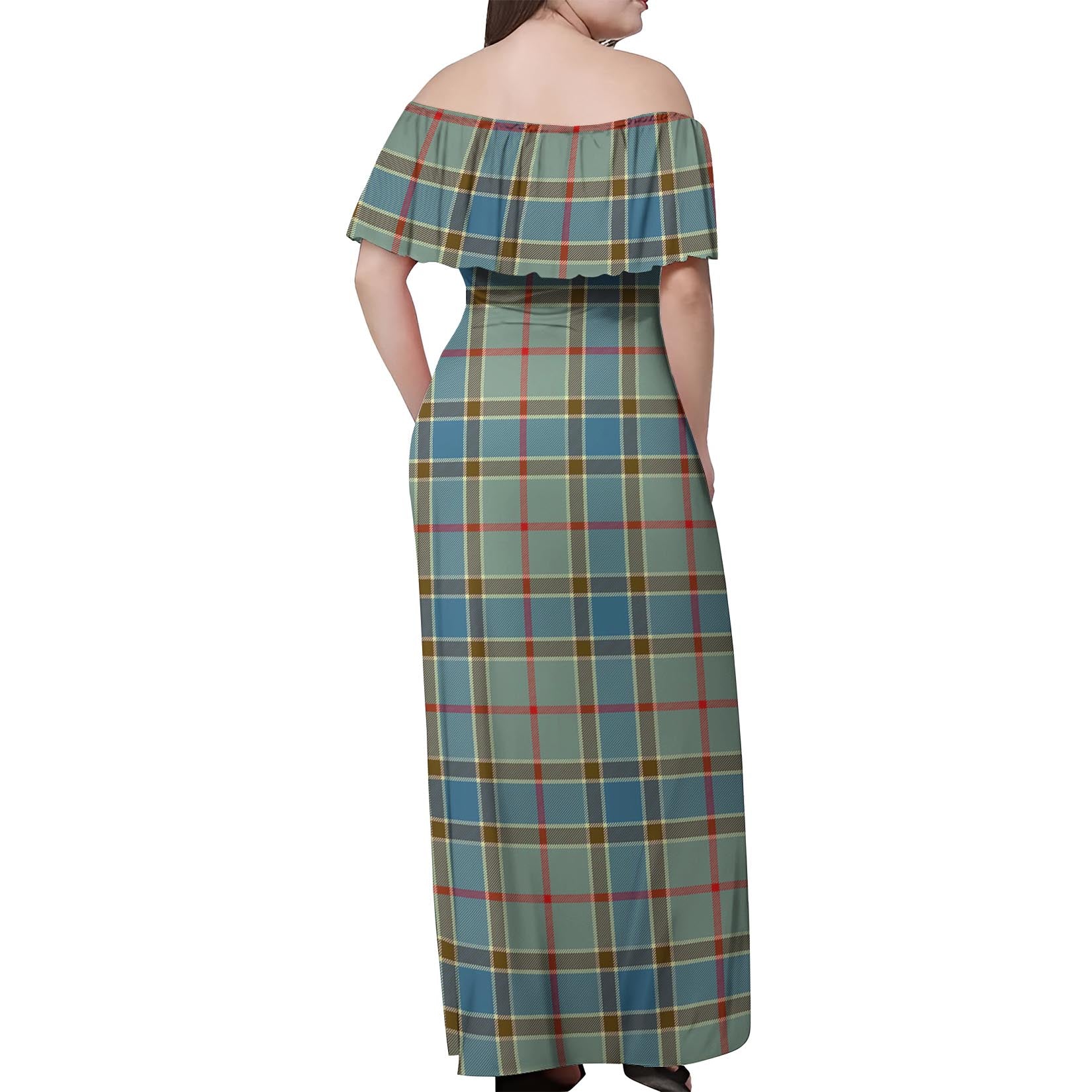 Balfour Blue Tartan Off Shoulder Long Dress - Tartanvibesclothing