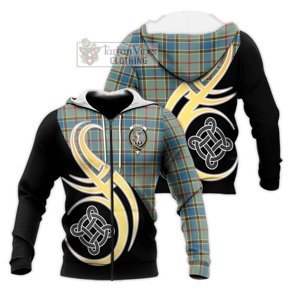 Balfour Blue Tartan Knitted Hoodie with Family Crest and Celtic Symbol Style Unisex Knitted Zip Hoodie - Tartan Vibes Clothing