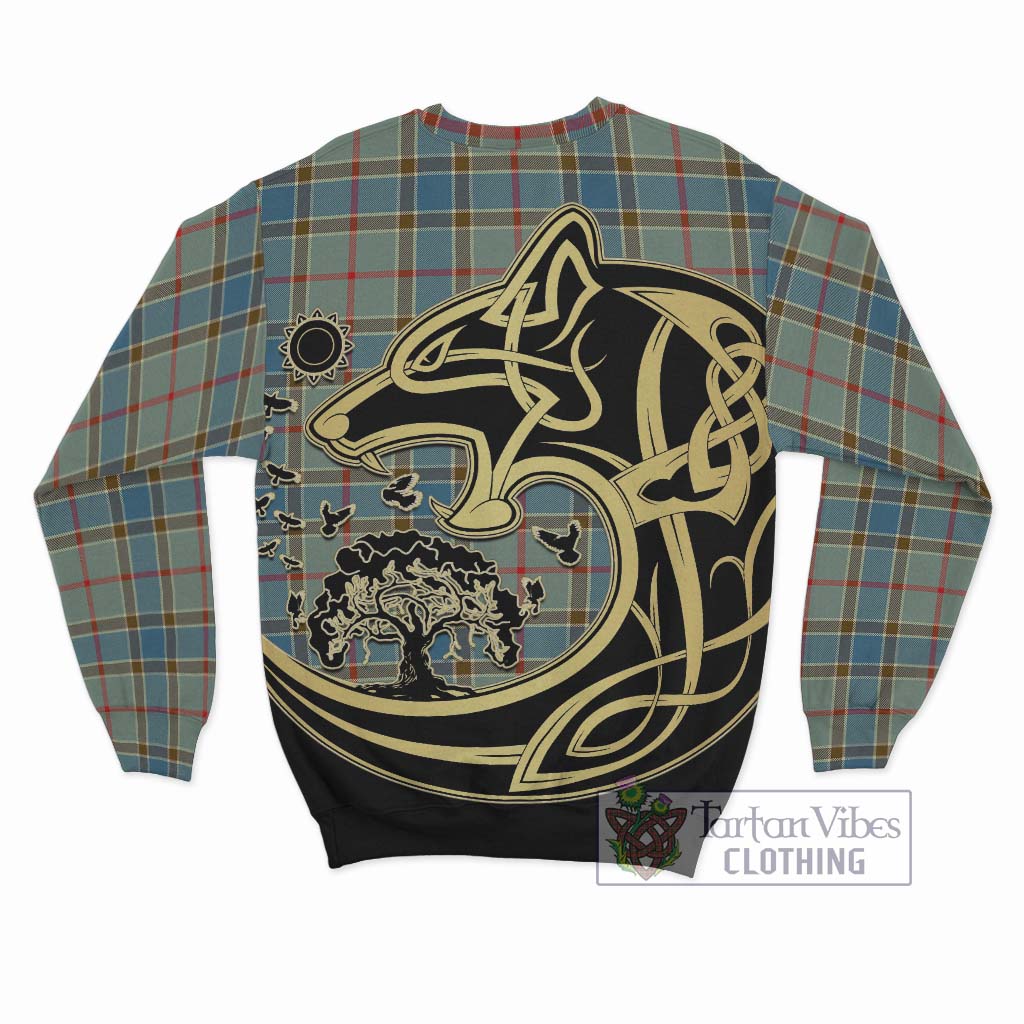 Tartan Vibes Clothing Balfour Blue Tartan Sweatshirt with Family Crest Celtic Wolf Style