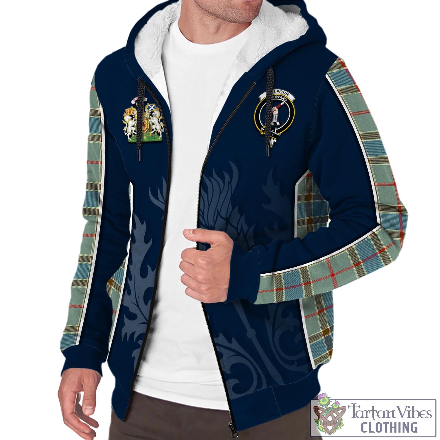 Tartan Vibes Clothing Balfour Blue Tartan Sherpa Hoodie with Family Crest and Scottish Thistle Vibes Sport Style