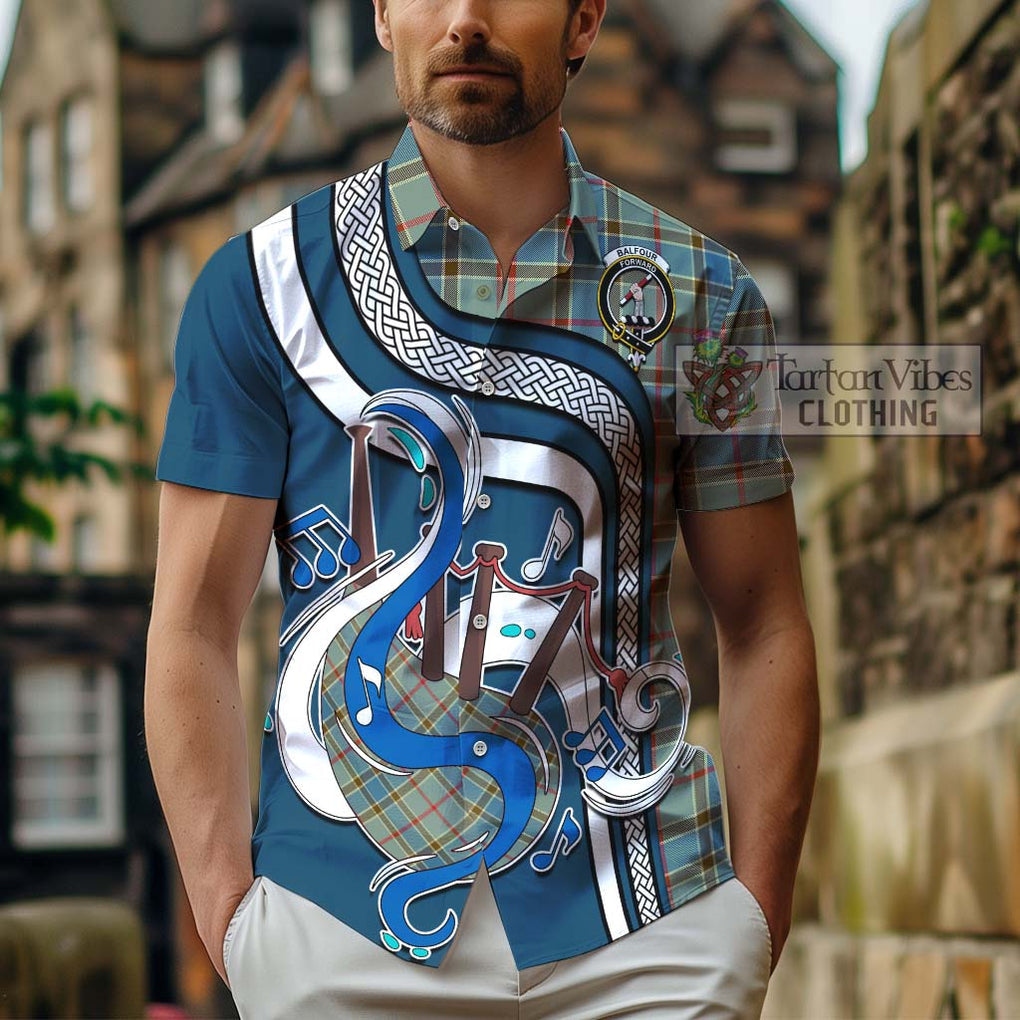 Balfour Blue Tartan Short Sleeve Button Shirt with Epic Bagpipe Style - Tartanvibesclothing Shop