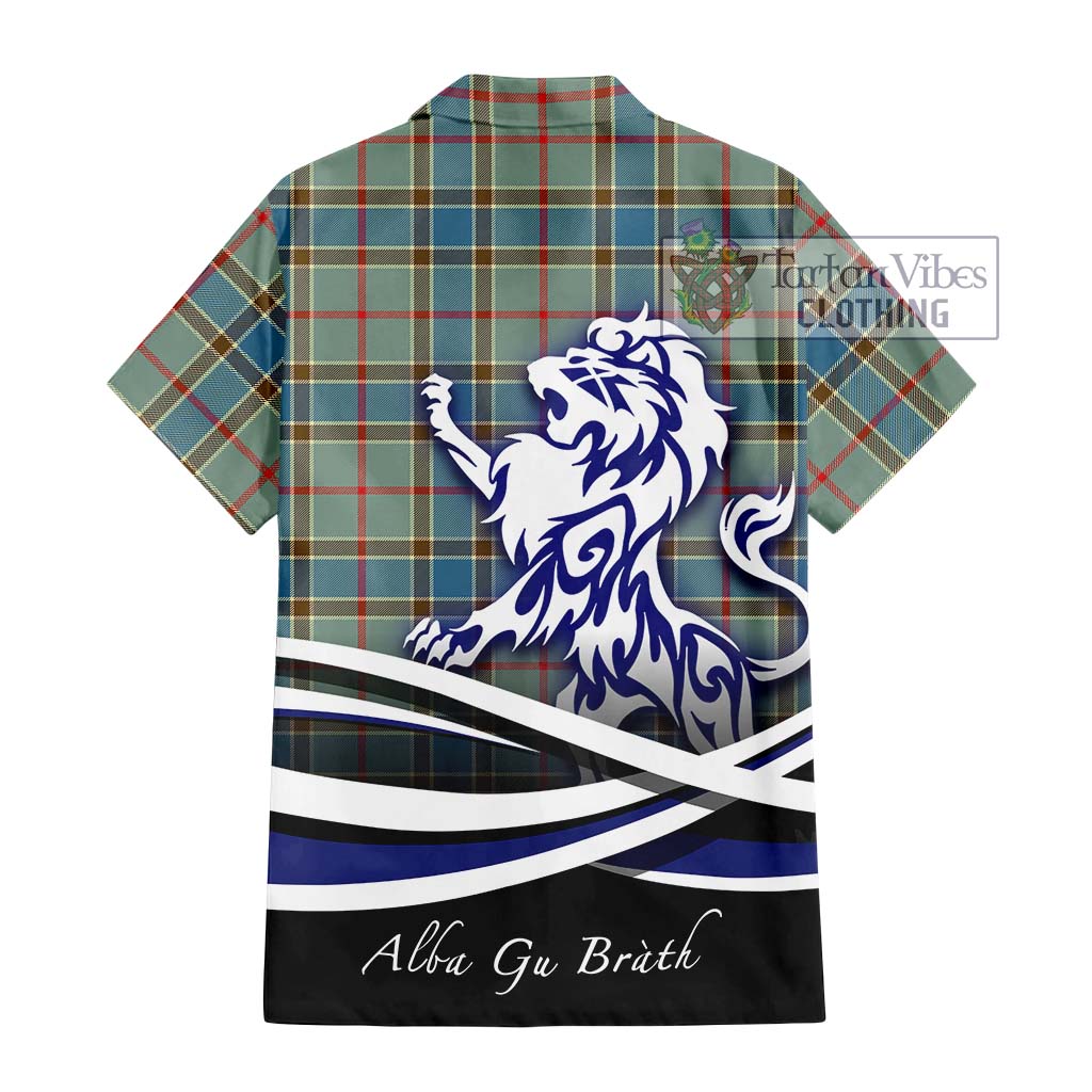 Tartan Vibes Clothing Balfour Blue Tartan Short Sleeve Button Shirt with Alba Gu Brath Regal Lion Emblem