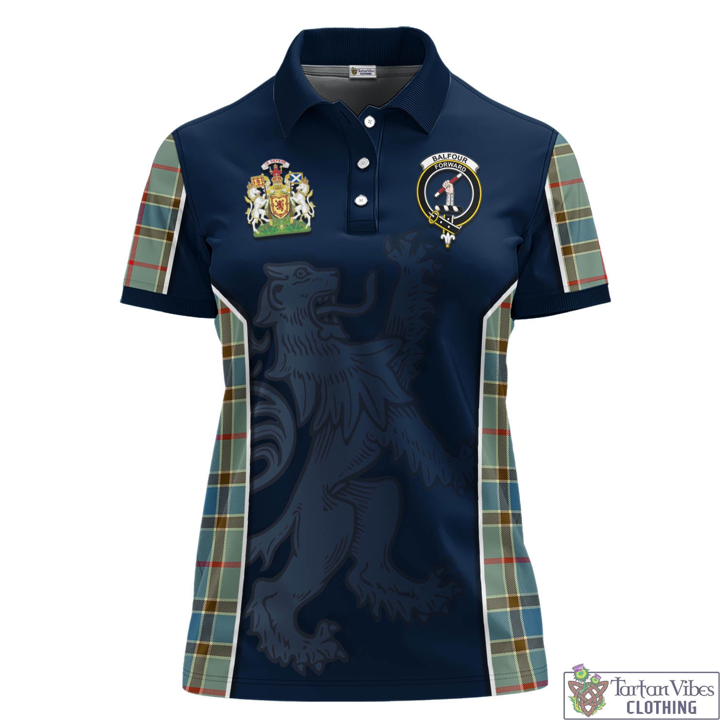 Tartan Vibes Clothing Balfour Blue Tartan Women's Polo Shirt with Family Crest and Lion Rampant Vibes Sport Style