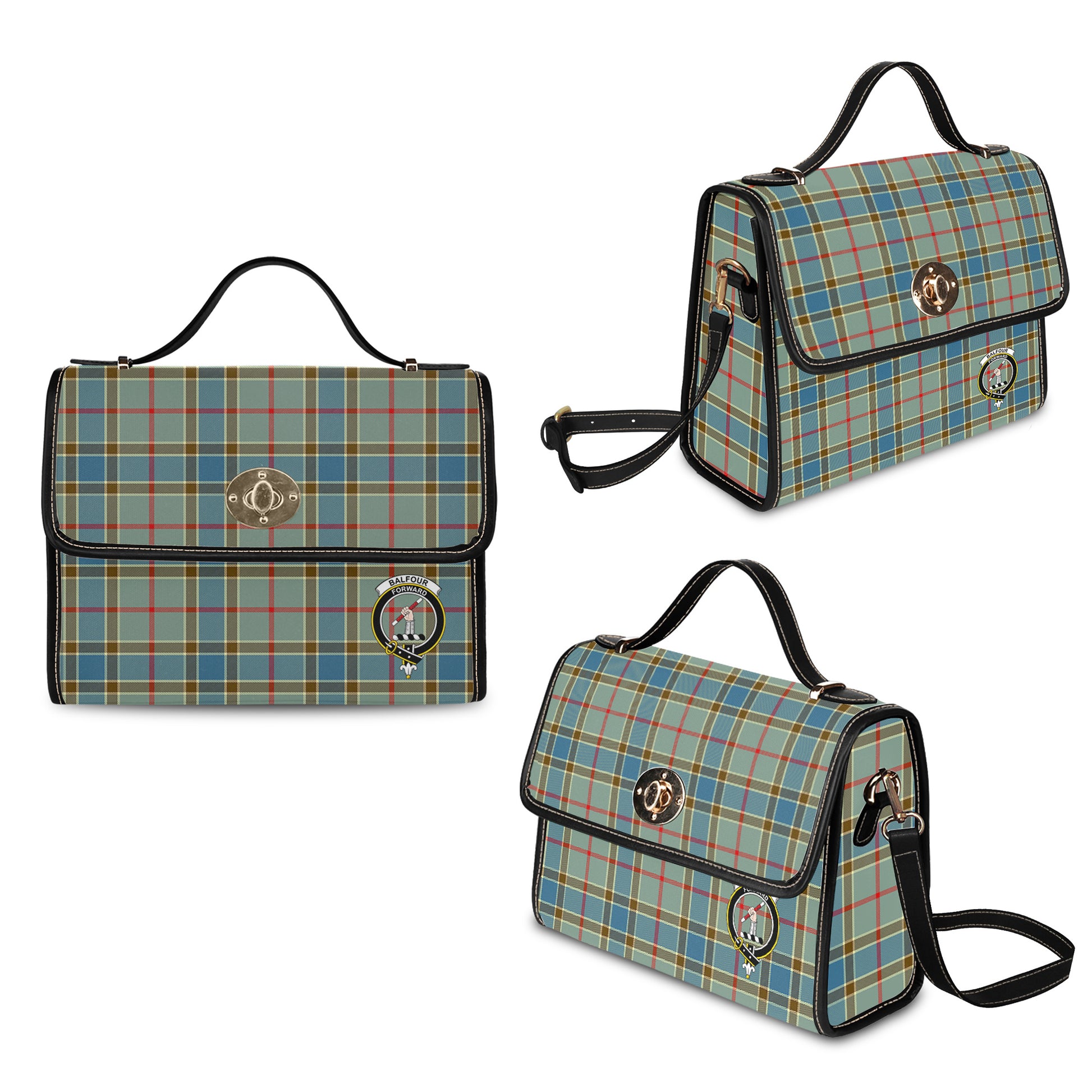 Balfour Blue Tartan Leather Strap Waterproof Canvas Bag with Family Crest - Tartanvibesclothing