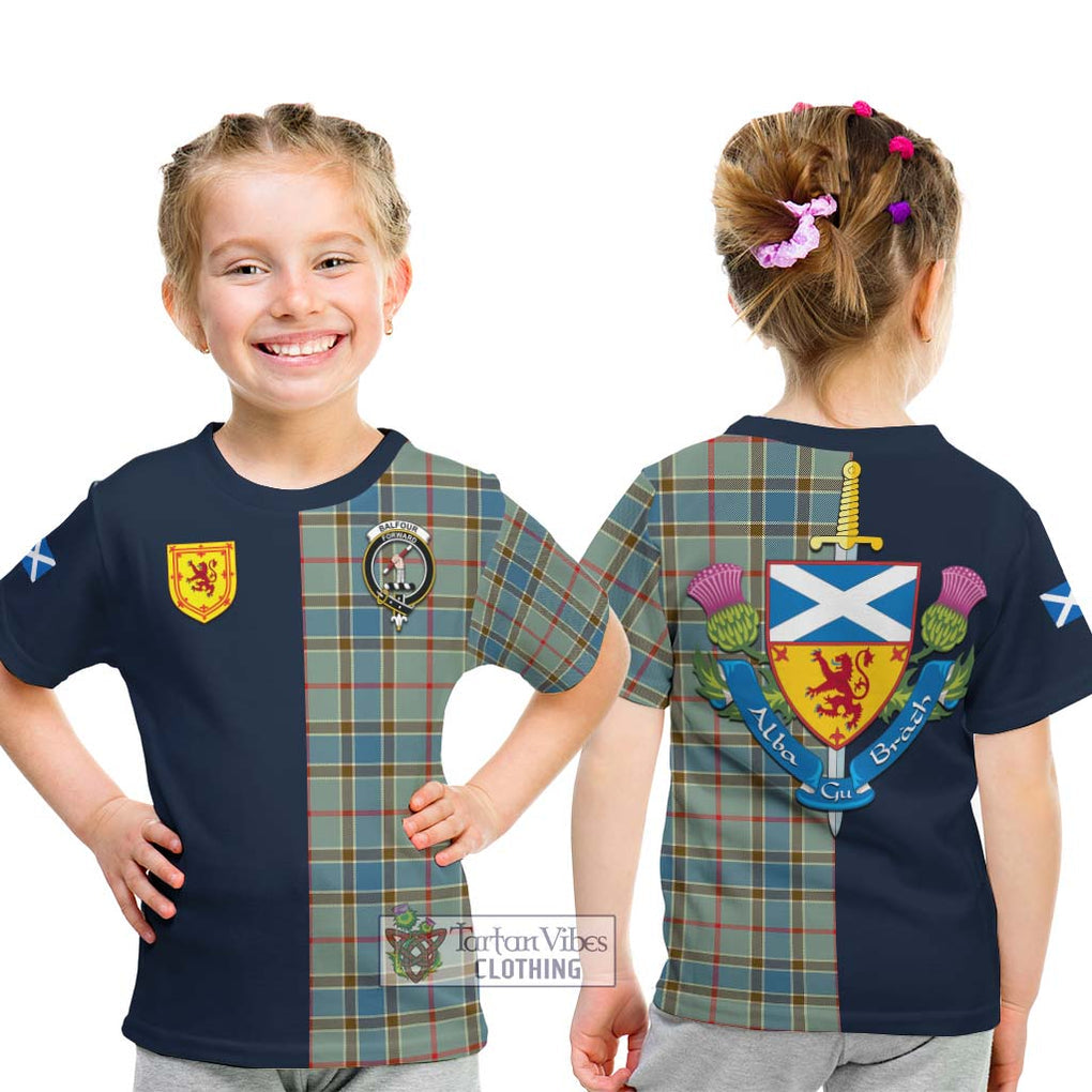 Tartan Vibes Clothing Balfour Blue Tartan Kid T-Shirt with Scottish Lion Royal Arm Half Style