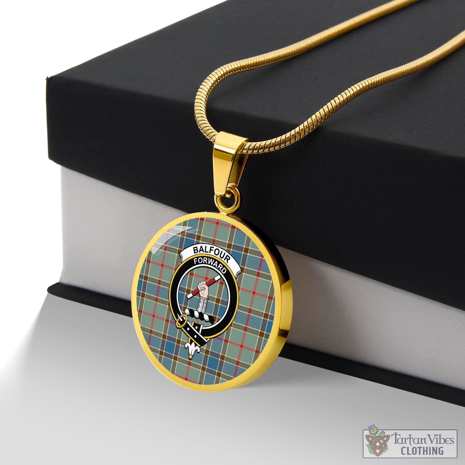 Tartan Vibes Clothing Balfour Blue Tartan Circle Necklace with Family Crest