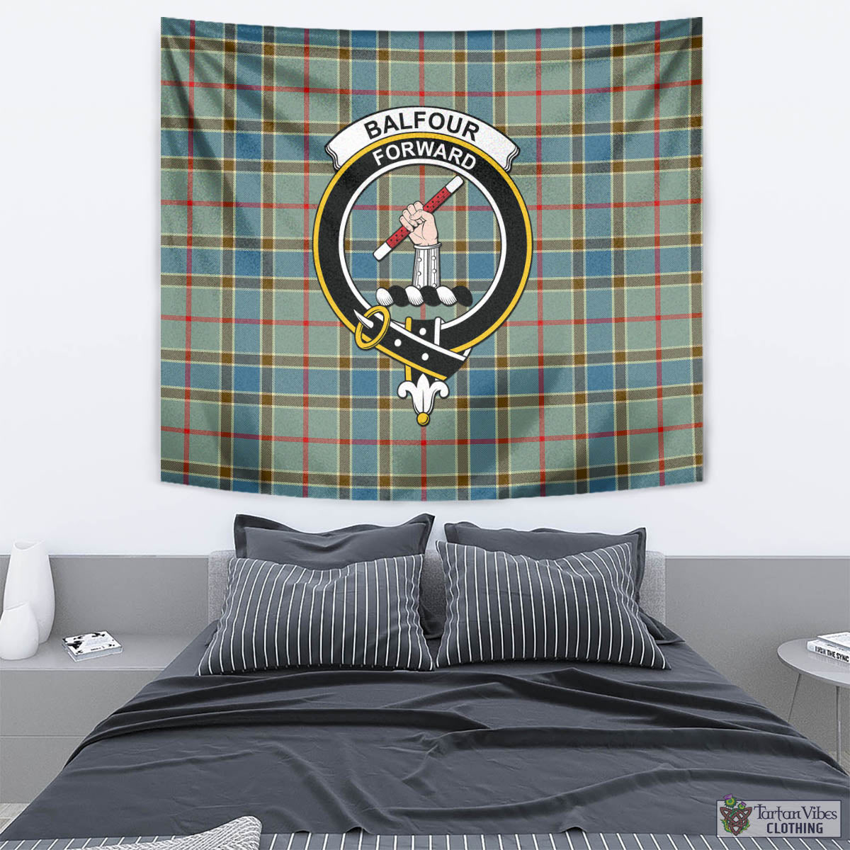 Tartan Vibes Clothing Balfour Blue Tartan Tapestry Wall Hanging and Home Decor for Room with Family Crest