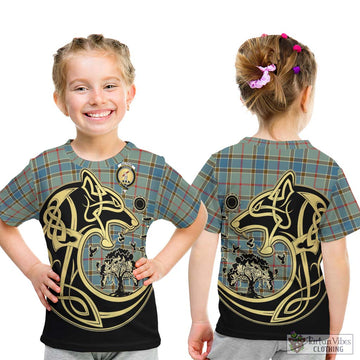 Balfour Blue Tartan Kid T-Shirt with Family Crest Celtic Wolf Style