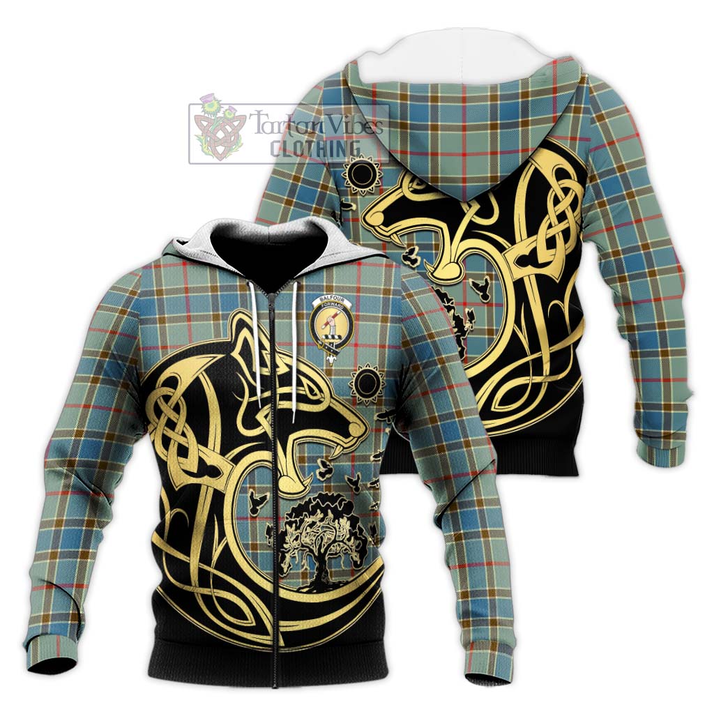 Tartan Vibes Clothing Balfour Blue Tartan Knitted Hoodie with Family Crest Celtic Wolf Style