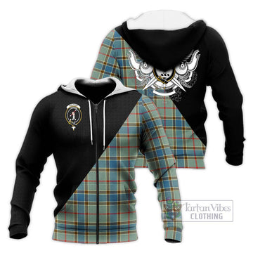 Balfour Blue Tartan Knitted Hoodie with Family Crest and Military Logo Style