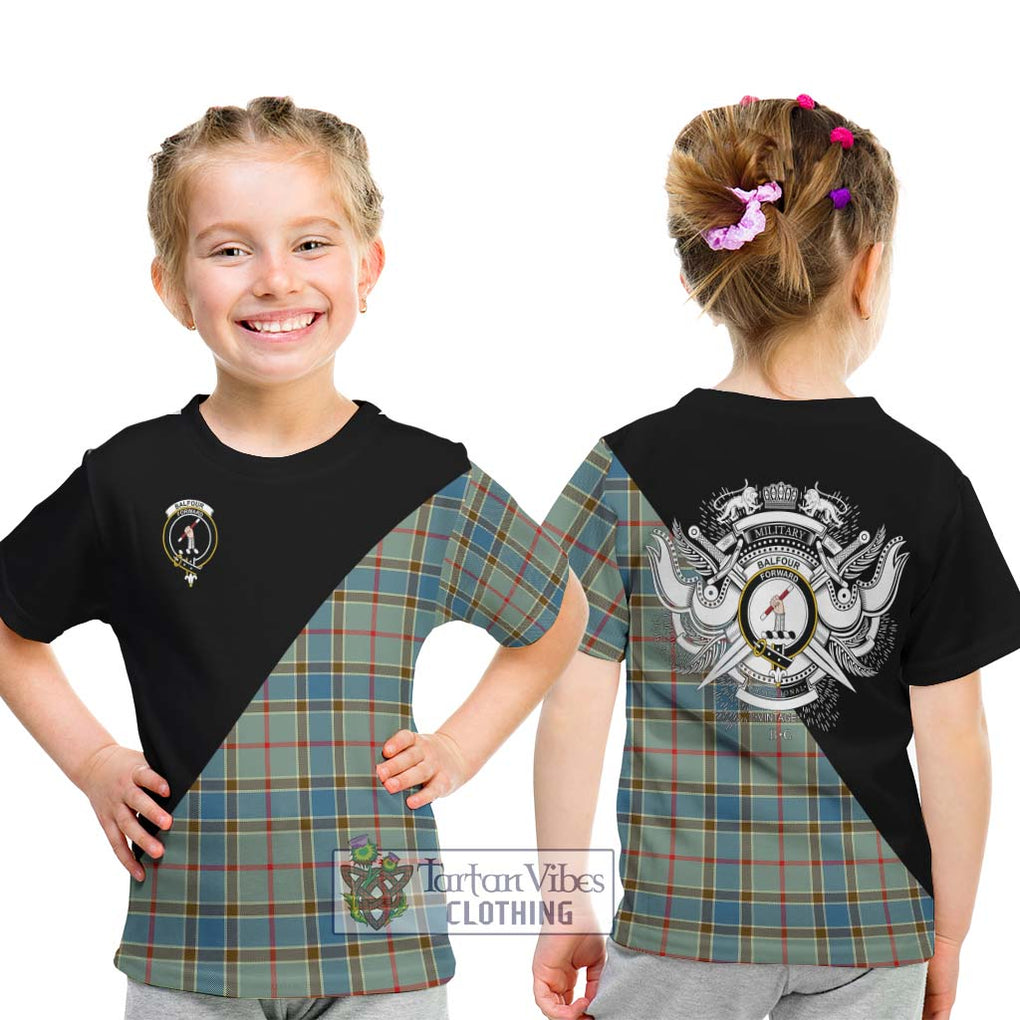 Balfour Blue Tartan Kid T-Shirt with Family Crest and Military Logo Style - Tartanvibesclothing Shop