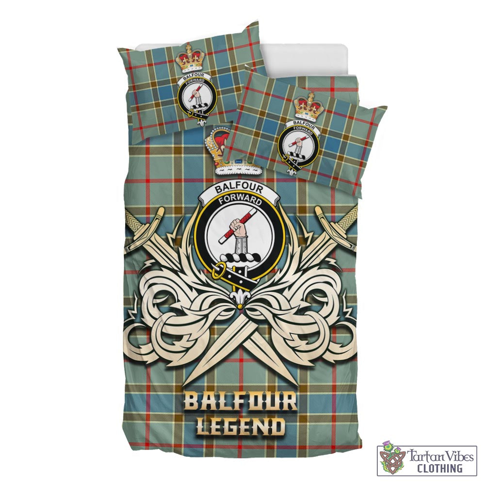 Tartan Vibes Clothing Balfour Blue Tartan Bedding Set with Clan Crest and the Golden Sword of Courageous Legacy