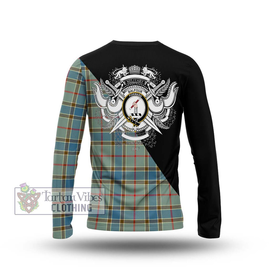 Balfour Blue Tartan Long Sleeve T-Shirt with Family Crest and Military Logo Style - Tartanvibesclothing Shop