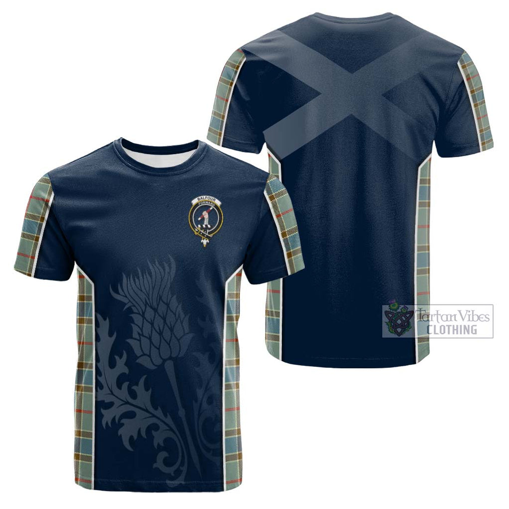 Tartan Vibes Clothing Balfour Blue Tartan Cotton T-shirt with Family Crest and Scottish Thistle Vibes Sport Style