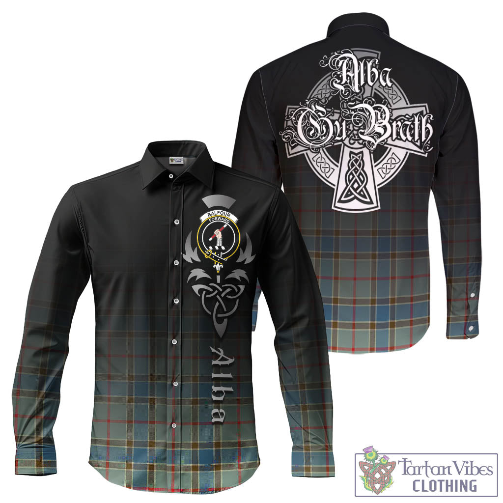 Tartan Vibes Clothing Balfour Blue Tartan Long Sleeve Button Up Featuring Alba Gu Brath Family Crest Celtic Inspired