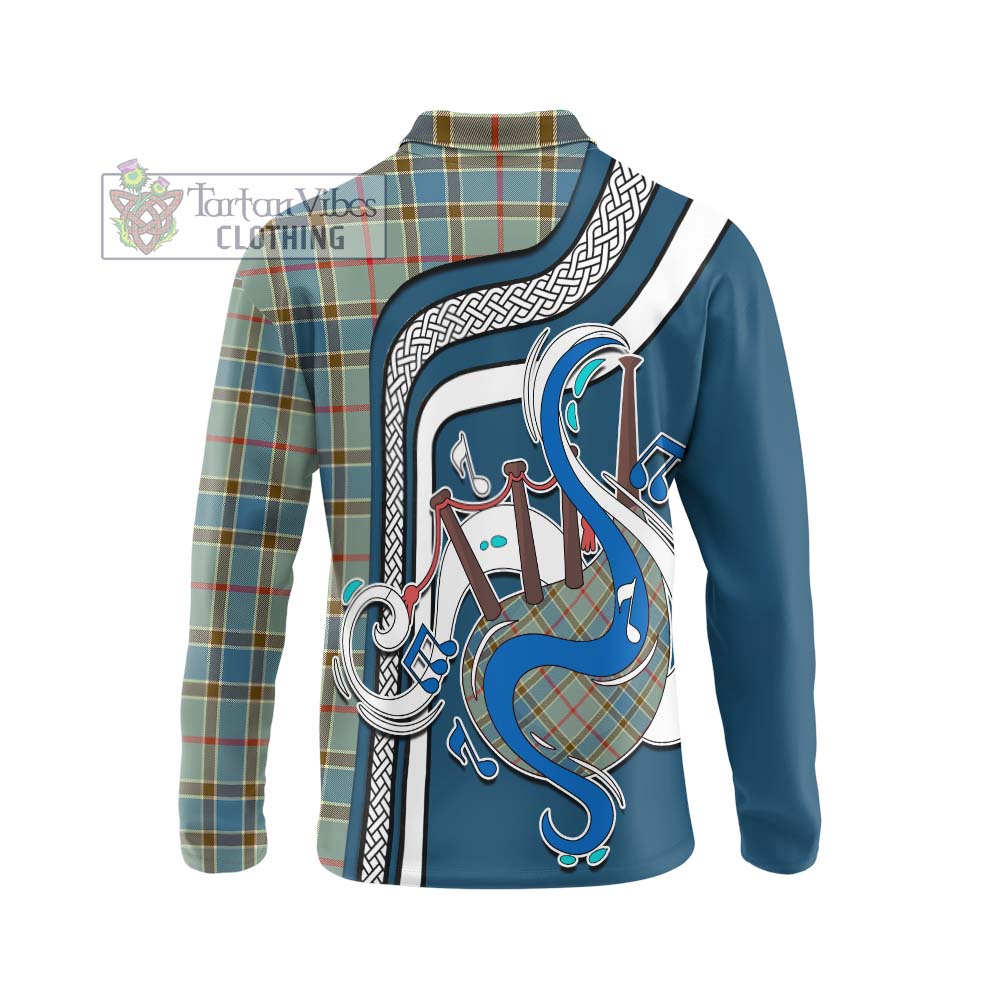 Tartan Vibes Clothing Balfour Blue Tartan Long Sleeve Polo Shirt with Epic Bagpipe Style