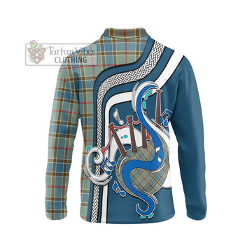 Balfour Blue Tartan Long Sleeve Polo Shirt with Epic Bagpipe Style