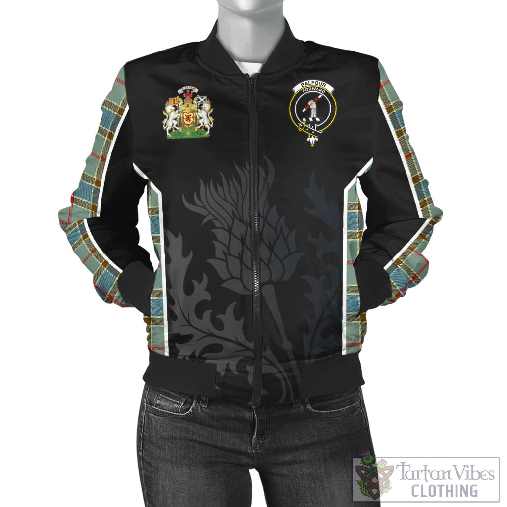 Tartan Vibes Clothing Balfour Blue Tartan Bomber Jacket with Family Crest and Scottish Thistle Vibes Sport Style