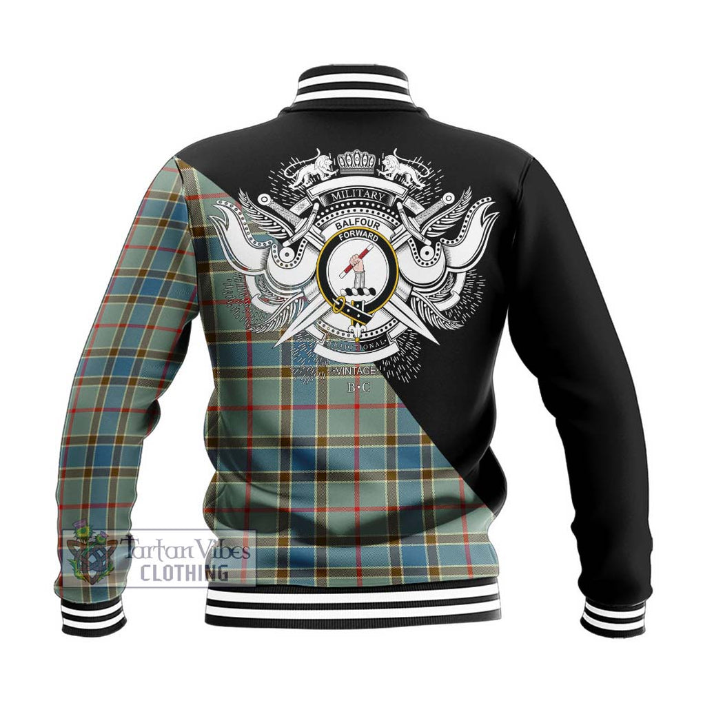 Balfour Blue Tartan Baseball Jacket with Family Crest and Military Logo Style - Tartanvibesclothing Shop