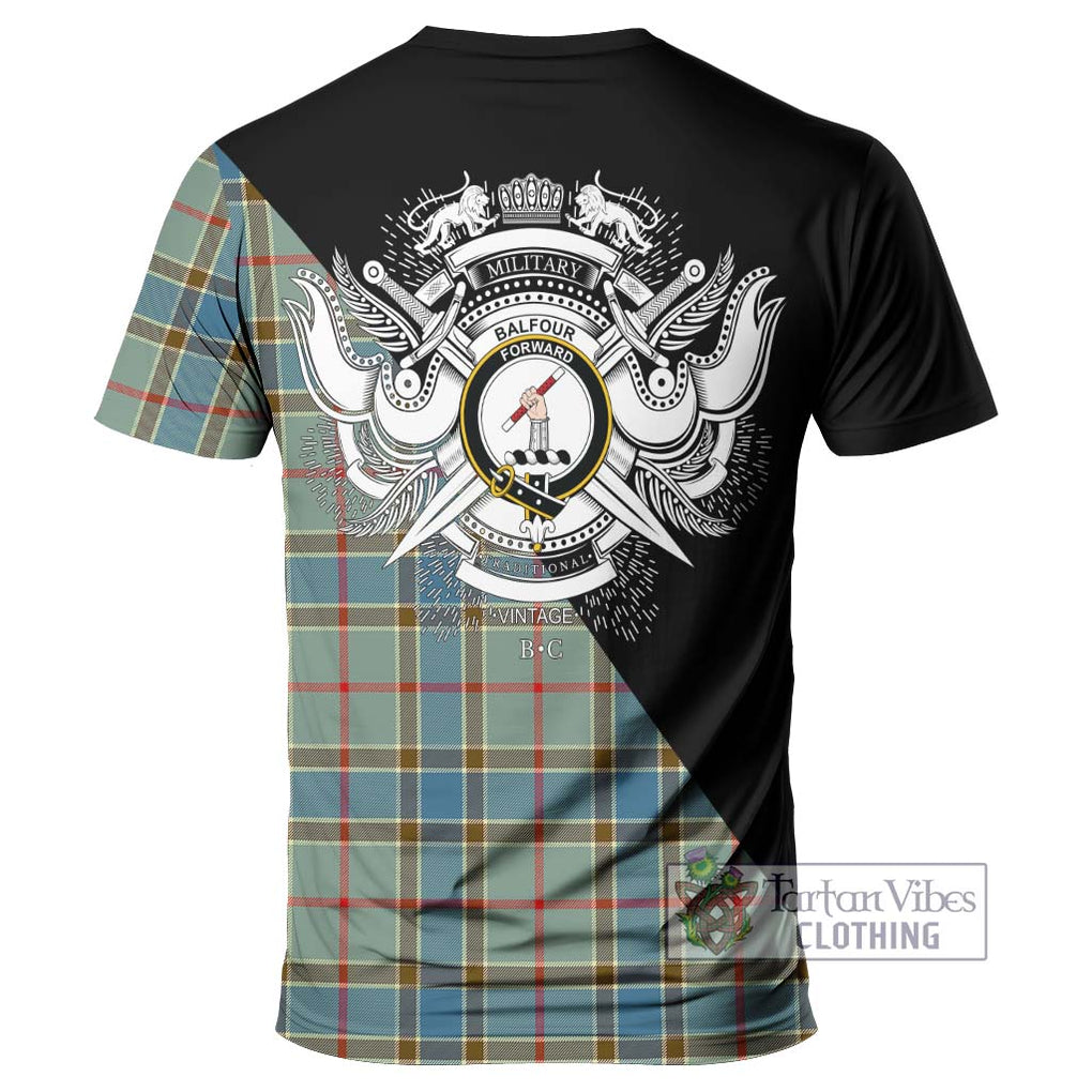 Balfour Blue Tartan T-Shirt with Family Crest and Military Logo Style - Tartanvibesclothing Shop