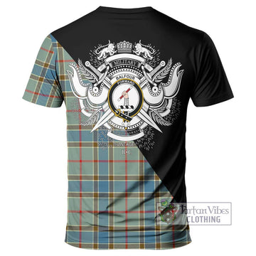 Balfour Blue Tartan T-Shirt with Family Crest and Military Logo Style