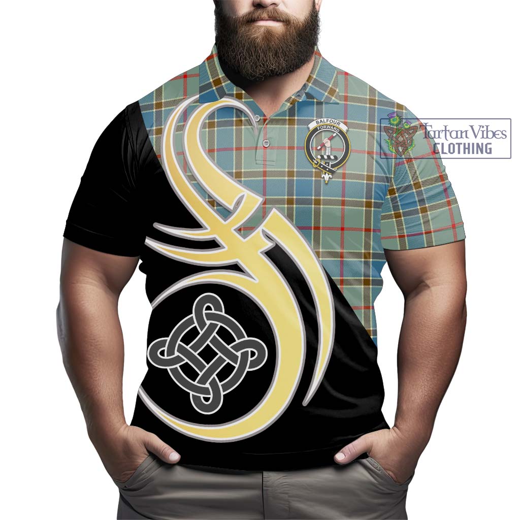 Tartan Vibes Clothing Balfour Blue Tartan Polo Shirt with Family Crest and Celtic Symbol Style