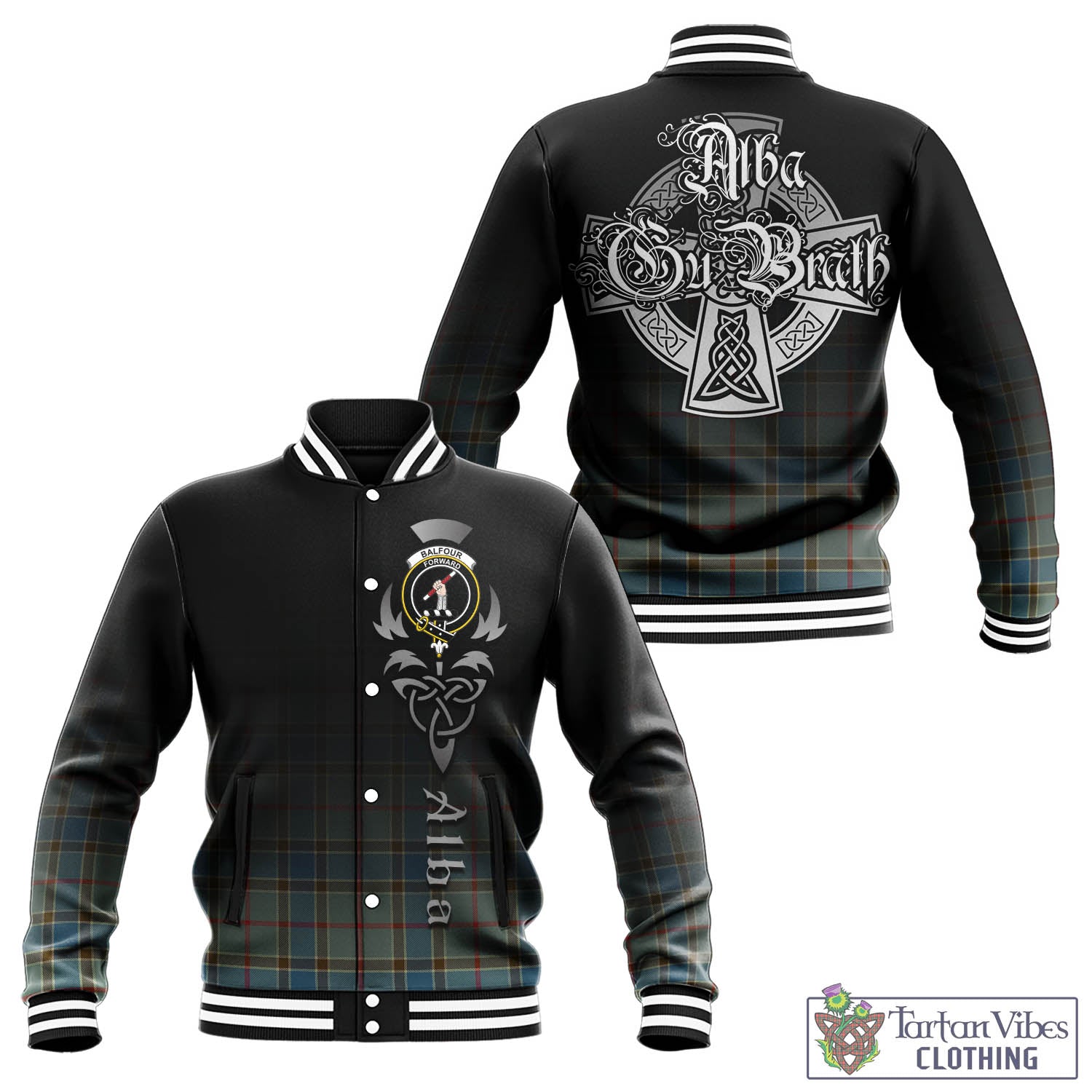 Tartan Vibes Clothing Balfour Blue Tartan Baseball Jacket Featuring Alba Gu Brath Family Crest Celtic Inspired