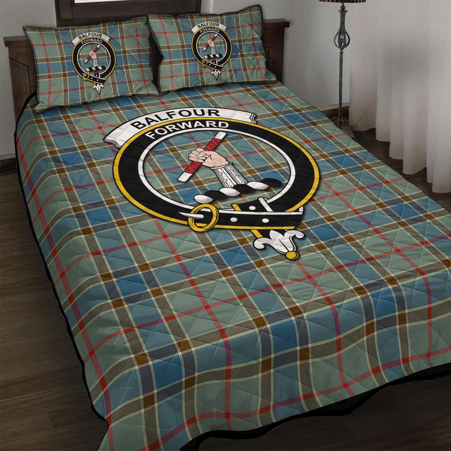 Balfour Blue Tartan Quilt Bed Set with Family Crest - Tartanvibesclothing