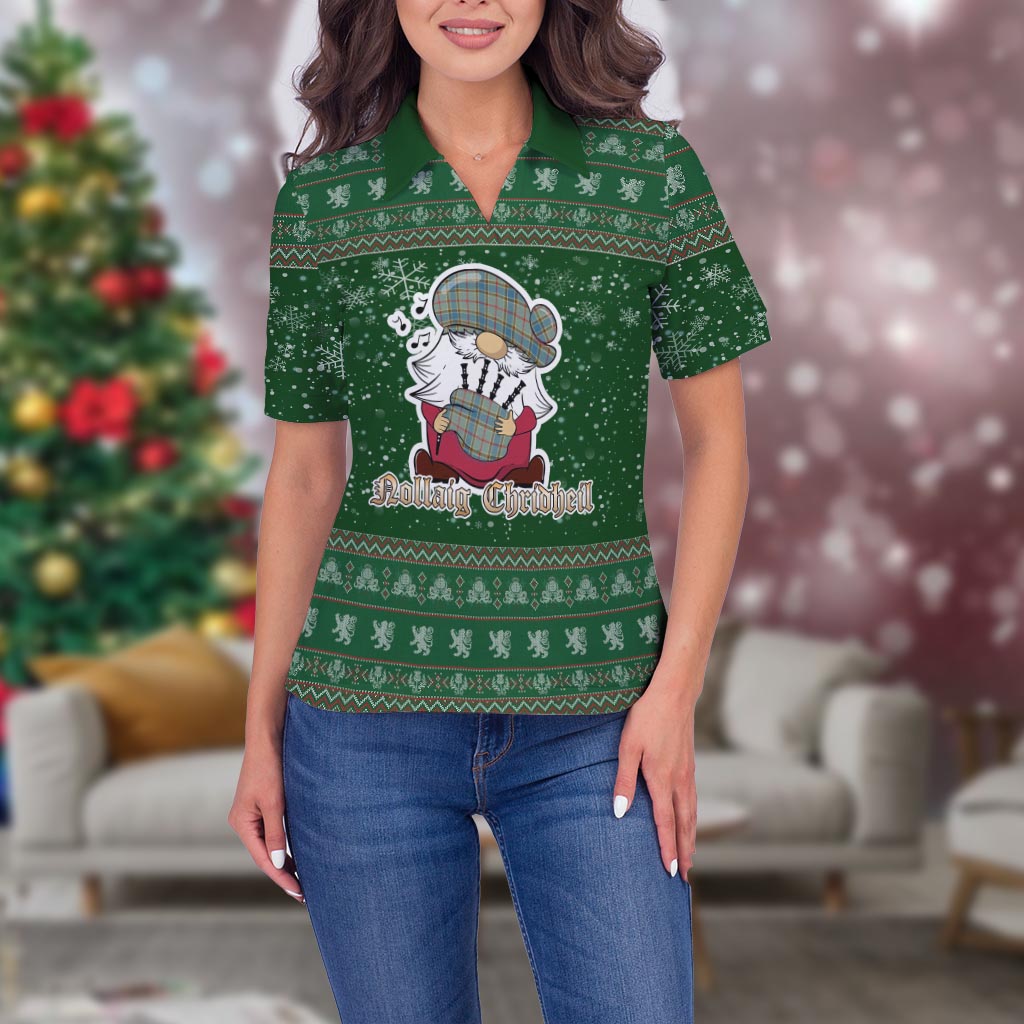 Balfour Blue Clan Christmas Family Polo Shirt with Funny Gnome Playing Bagpipes Women's Polo Shirt Green - Tartanvibesclothing