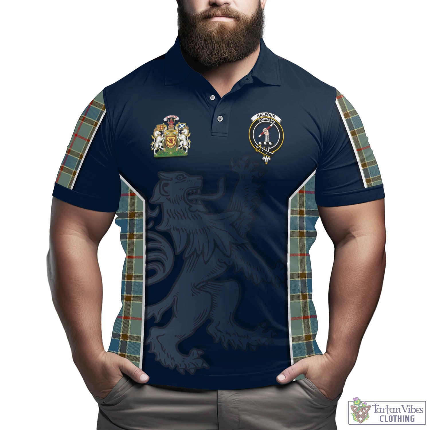 Tartan Vibes Clothing Balfour Blue Tartan Men's Polo Shirt with Family Crest and Lion Rampant Vibes Sport Style