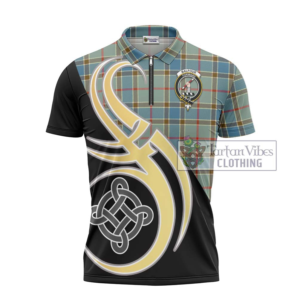 Tartan Vibes Clothing Balfour Blue Tartan Zipper Polo Shirt with Family Crest and Celtic Symbol Style